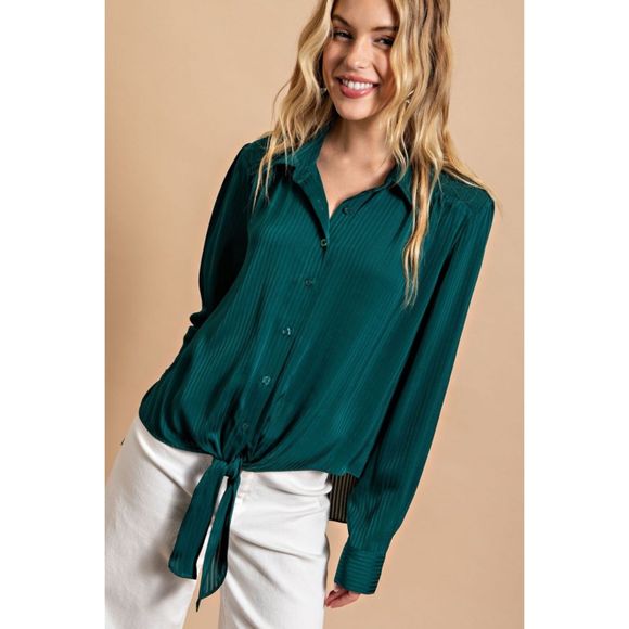 New Gigio Size S M Hunter Green Button Up Smocked Shoulder Striped Blouse Top - Picture 1 of 6